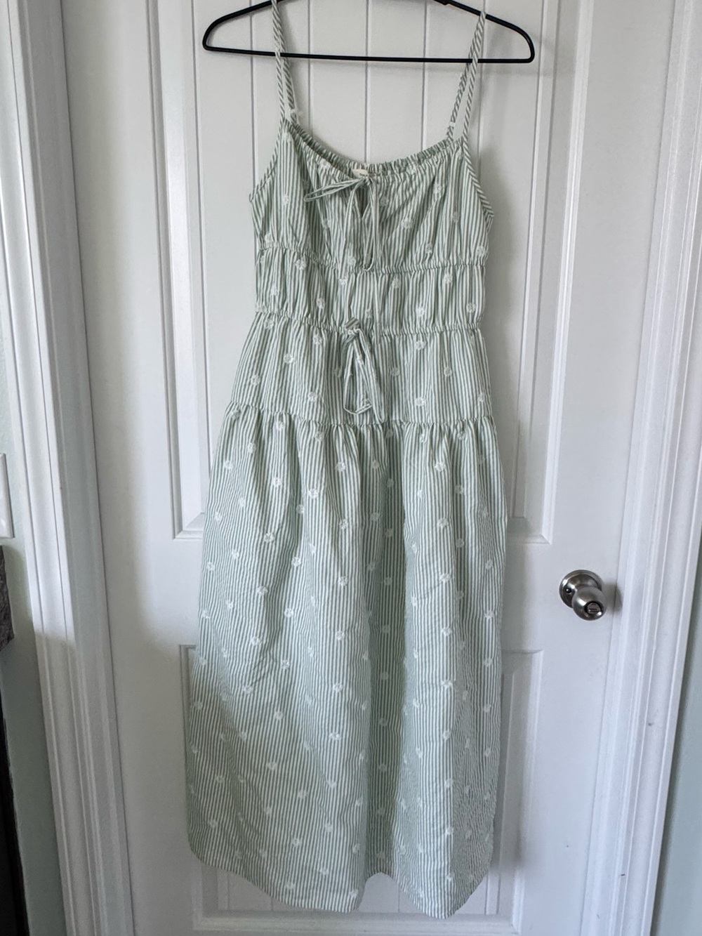 Light Green Striped Tiered Midi Dress with Dots